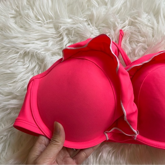 Aerie ruffle bikini set size 36D bra and L bottom tie hot pink with white trim - Picture 10 of 13